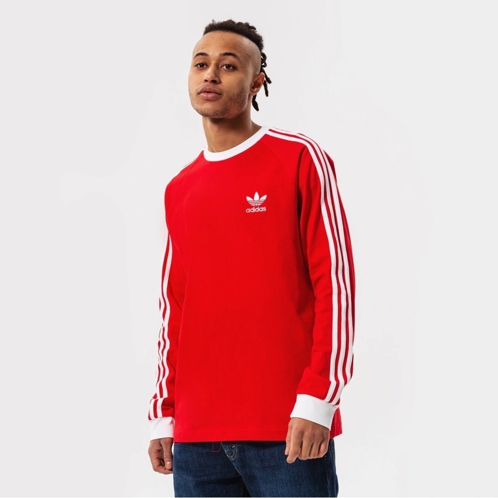 Adidas Originals men’s Red 3-Stripe Long Sleeve sporty actuvewear Tee Size M